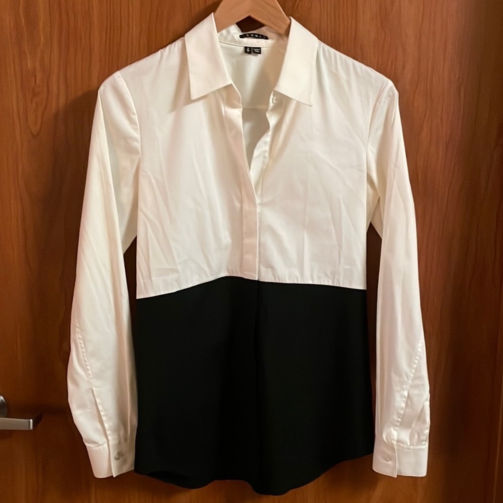 Theory Tablita Colorblock Long-Sleeve Button-Down Top Size Small